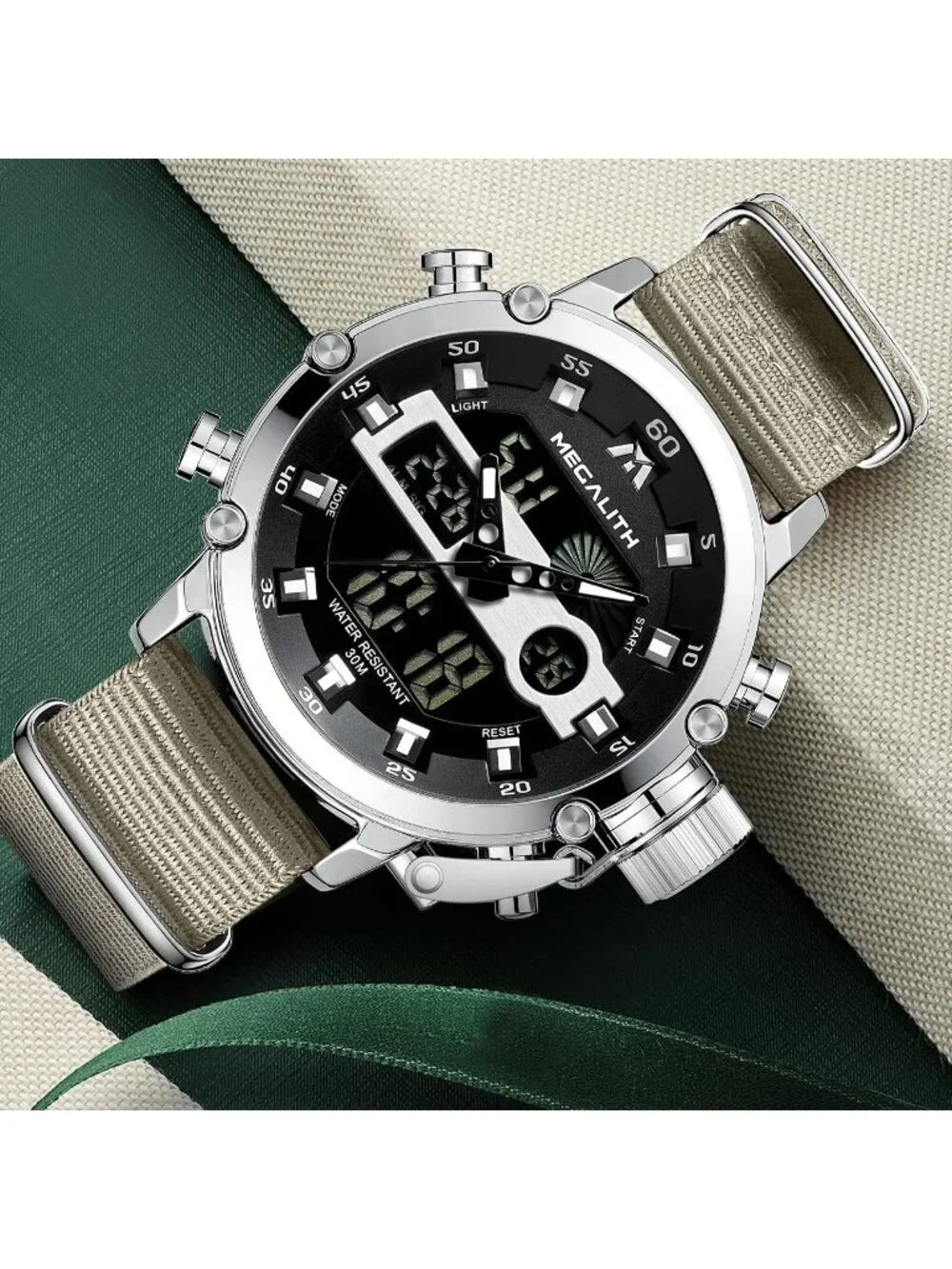 Men's Khaki Analog Quartz Nylon Strap Waterproof Multifunction Digital Watch